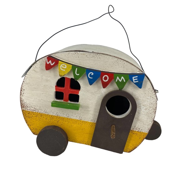 Happy Camper Bird House Welcome Banner Wood Front Door Perch - Picture 1 of 11